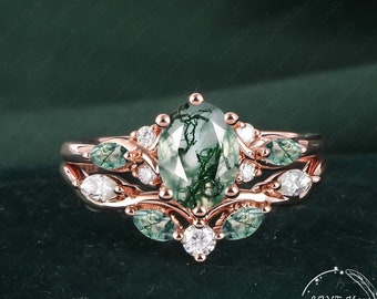 Vintage Oval Moss agate engagement ring set Bridal Sets women Rose Gold Unique Green Green Promise ring Cluster ring anniversary ring women