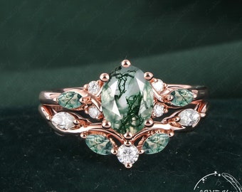 vintage Oval Moss agate bague de fiançailles ensemble Ensembles de mariée femmes Rose Gold Unique Green Green Promise ring Cluster ring anniversaire ring femmes