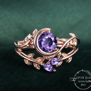 Vintage Amethyst engagement ring set Nature Inspired Bridal Sets women Rose Gold Unique Gemstone Promise ring Moon Leaf anniversary ring