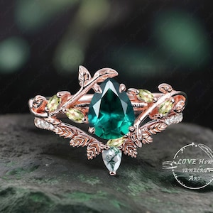 Leaf  Art Deco Pear Emerald engagement ring Bridal sets Rose Gold Unique Nature Inspired Green Gemstone Promise Cluster ring jewelry Gifts