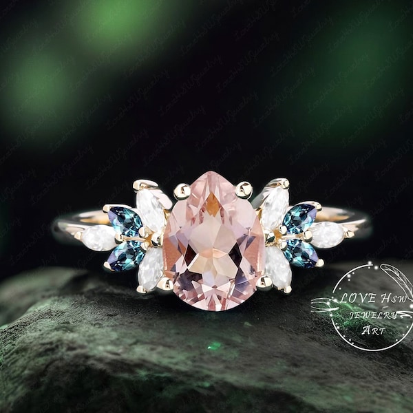 Anello di fidanzamento vintage con morganite da donna, anello a grappolo a forma di pera in oro rosa, anello nuziale con pietra di luna, anello per anniversario di matrimonio