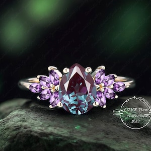 Pear Shape Alexandrite Engagement Ring Unique Engagement Ring Rose gold Vintage Cluster ring Marquise cut amethyst wedding bridal ring