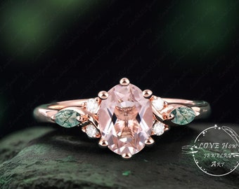 Vintage Oval Morganit Verlobungsring Brautring Frauen Rosegold Einzigartiger Edelstein Versprechen Ring Cluster Ring Jubiläumsring Art-Deco-Ring Frauen