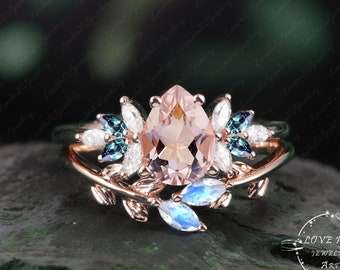 Vintage Morganit Verlobungsring Set Frauen Rose Gold Einzigartige birnenförmige Cluster Ring Mondstein Ehering Braut Jahrestag Ring