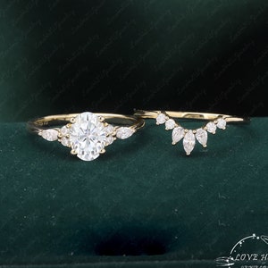 Oval Moissanite engagement ring set unique vintage yellow gold engagement ring women Marquise Diamond wedding Bridal Anniversary gift
