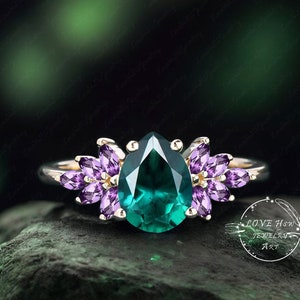 Pear Shape Emerald Engagement Ring Unique Engagement Ring Rose gold Vintage Cluster Art Deco ring Marquise cut amethyst wedding bridal ring