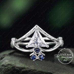 Triforce Inspired Zora Sapphire Spiritual Three Stone Moissanite 14K White Gold Ring Legend of Zelda Video Game Engagement Wedding Ring