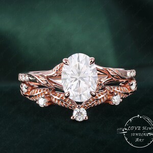 Vintage Oval Moissanite engagement ring sets rose gold Leaf Unique Nature Inspired Diamond Moissanite wedding Bridal anniversary ring women