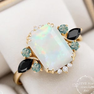 Natural 4ct Opal Engagement ring Unique Statement Ring Emerald cut Cluster ring Promise Ring for her Solid yellow gold Jewelry Gift