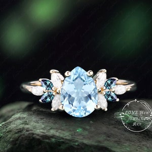 Vintage Aquamarine engagement ring women Rose Gold Unique Pear shaped Cluster ring moonstone wedding ring Bridal anniversary ring