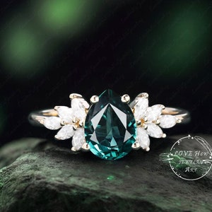 Pear Blue Green Sapphire Engagement Ring vintage Unique Marquise cut diamond Cluster ring Rose gold ring Bridal ring Anniversary ring