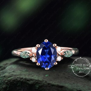 Vintage Oval Blue Sapphire engagement ring Bridal Ring women Rose Gold Unique Gemstone Promise ring Cluster ring anniversary ring women
