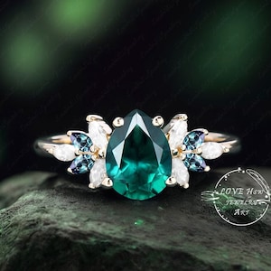Vintage emerald engagement ring women yellow gold Unique Pear shape art deco Cluster ring moonstone wedding ring Bridal anniversary ring