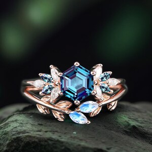 Vintage Hexagon Cut Alexandrite engagement ring set Rose Gold Unique Cluster ring June birthstone Gemstone Bridal sets anniversary  women