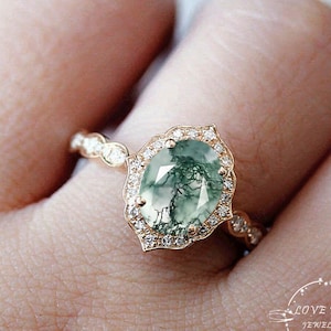 2ct Moss agate engagement ring Oval vintage engagement ring rose gold green gemstone Halo Diamond  Wedding ring Promise Anniversary jewelry