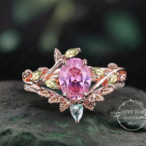 Art Deco Oval Pink Sapphire engagement ring Bridal Sets Rose Gold Unique Leaf Nature Inspired Pink Gemstone Promise Cluster ring jewelry
