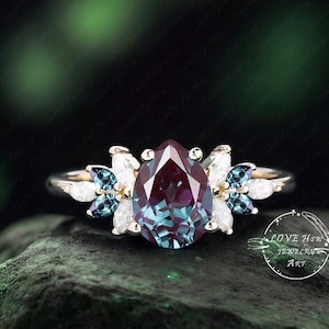 Vintage Alexandrite engagement ring women yellow gold Unique Pear shape art deco Cluster ring moonstone wedding ring Bridal anniversary ring