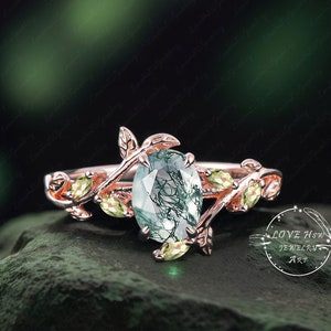 Art Deco Oval Moss Agate engagement ring Bridal Ring Rose Gold Unique Leaf Nature Inspired Green Gemstone Promise Cluster ring jewelry Gifts