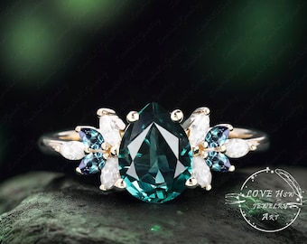 Vintage blauer Saphir Verlobungsring Frauen Rose Gold einzigartige birnenförmige Cluster Ring Mondstein Ehering Braut Jahrestag Ring