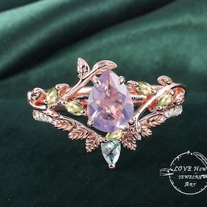 Art Deco Pear Lavender Amethyst engagement ring Bridal Set Rose Gold Unique Leaf Nature Inspired  Gemstone Promise Cluster ring jewelry Gift