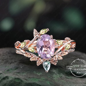 Art Deco Oval Lavender Amethyst engagement ring Bridal Set Rose Gold Unique Leaf Nature Inspired  Gemstone Promise Cluster ring jewelry Gift