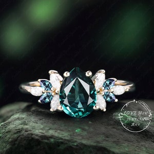 Vintage Teal Sapphire engagement ring women Rose Gold Unique Pear shaped Cluster ring moonstone wedding ring Bridal anniversary ring