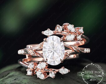 Vintage ovale moissaniet verlovingsring sets roségouden bladgoud unieke op de natuur geïnspireerde diamantversterker bruiloft bruidsverjaardagsring vrouwen