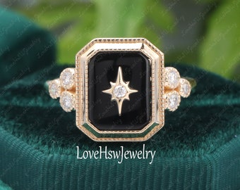 Black onyx Engagement Ring Emerald Cut Unique Engagement Ring Solid 14k gold ring Vintage Diamond Moissanite wedding bridal ring Anniversary
