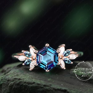 Vintage Hexagon Cut Alexandrite engagement ring Rose Gold Unique Cluster ring June birthstone Gemstone Bridal ring anniversary  women