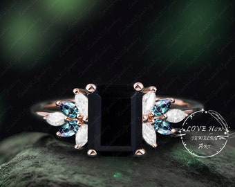 Vintage Emerald Cut Black onyx engagement ring women Rose Gold Unique Cluster ring marqiuse moonstone wedding ring Bridal anniversary