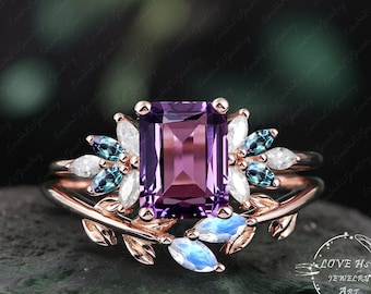 Vintage Emerald Cut Amethyst Engagement Ring Set Women Rose Gold