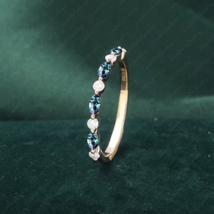 Vintage massief gouden trouwring marquise geslepen alexandriet band unieke halve eeuwigheid bruids moissaniet bijpassende stapelen band jubileumring