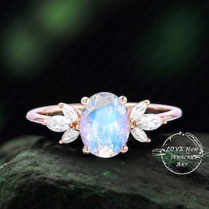 Oval moonstone engagement ring vintage unique rose gold engagement ring women Marquise cut diamond Moissanite Bridal Anniversary ring gift