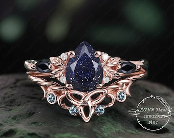 Vintage Pear blue sandstone engagement ring set Bridal Set Leaf Nature Inspired Rose Gold Unique Gemstone Promise ring twisted Cluster women
