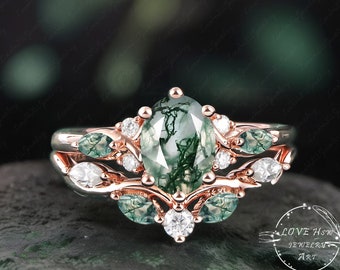 Vintage Oval Moss agate engagement ring set Bridal Sets women Rose Gold Unique Green Green Promise ring Cluster ring anniversary ring women
