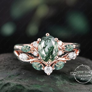 Vintage Oval Moss agate engagement ring set Bridal Sets women Rose Gold Unique Green Green Promise ring Cluster ring anniversary ring women