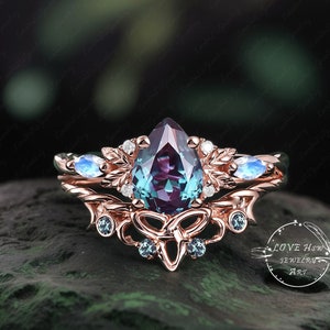 Vintage Pear alexandrite engagement ring set Bridal Sets women Rose Gold Unique Gemstone Promise ring twisted Cluster anniversary ring women