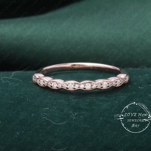 Anillo de bodas vintage con diamantes, anillo de media eternidad, anillo de bodas de oro rosa, anillo único de diamantes apilables a juego, anillo de novia, anillo de promesa para mujer