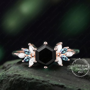 Vintage Hexagon Cut Black onyx engagement ring Rose Gold Unique Cluster ring Gemstone Bridal ring anniversary ring women jewelry gift