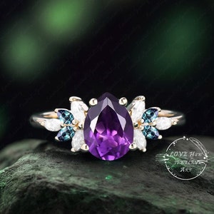Vintage amethyst engagement ring yellow gold Unique Pear art deco Cluster ring moonstone wedding ring Bridal anniversary promise ring