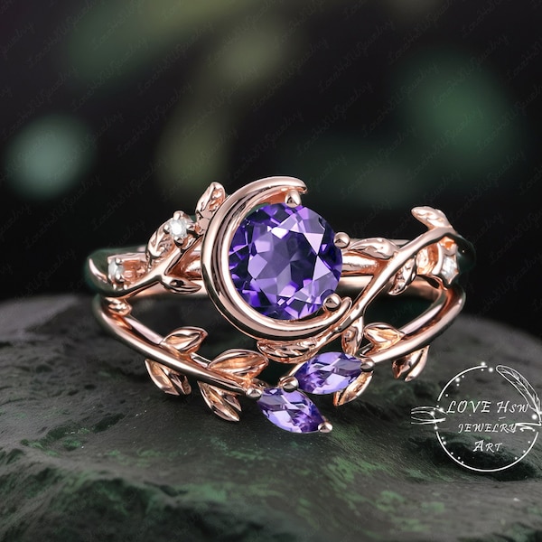 Vintage Amethyst engagement ring set Nature Inspired Bridal Sets women Rose Gold Unique Gemstone Promise ring Moon Leaf anniversary ring