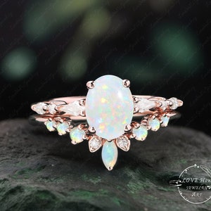 Vintage Natural Opal Wedding Ring Sets Oval Cut Engagement Ring  Unique Rose Gold Cluster Marquise Cut Opal Ring Promise Ring Anniversary