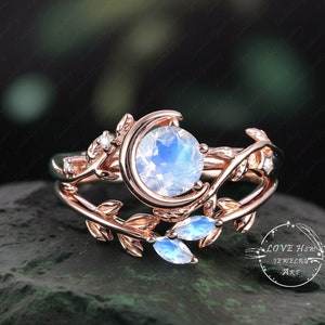 Vintage Natural Moonstone engagement ring set Nature Inspired Bridal Sets Rose Gold Unique Gemstone Promise ring Moon Leaf anniversary ring
