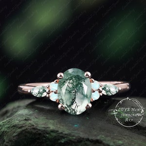 Moss agate engagement ring Rose gold ring unique oval shape Cluster ring engagement ring vintage Green Gemstone  wedding Bridal ring women