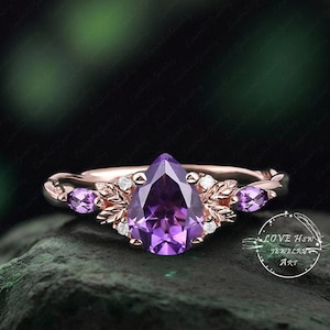 Vintage Pear Amethyst engagement ring Bridal ring women Rose Gold Unique Feb Birthstone Promise ring twisted Cluster anniversary ring
