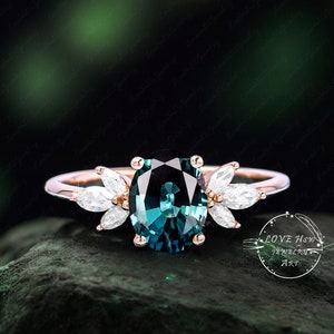 Oval Blue Green Sapphire Engagement Ring vintage Unique Marquise cut diamond Cluster ring Rose gold ring Bridal ring Anniversary ring