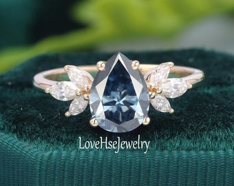 Blue Grey Moissanite Engagement Ring Unique Engagement Ring Solid 14k gold Pear ring Vintage Diamond / Moissanite wedding bridal ring gift