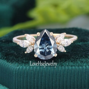 Blue Grey Moissanite Engagement Ring Unique Engagement Ring Solid 14k gold Pear ring Vintage Diamond / Moissanite wedding bridal ring gift