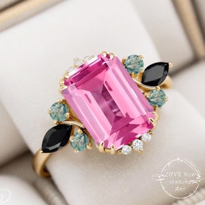 Pink Sapphire Engagement ring Unique Statement Ring Emerald cut Cluster ring Promise Ring for her Solid yellow gold Pink Gem Jewelry Women