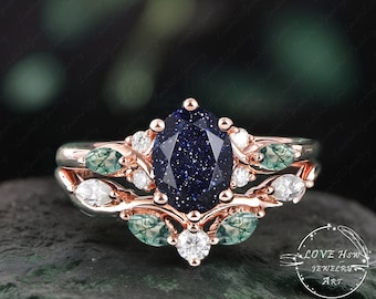 Vintage Oval Blau Sandstein Verlobungsring Set Brautschmuck Sets Frauen Rose Gold Einzigartige Edelstein Versprechen Ring Cluster Ring Jahrestag Ring Frauen